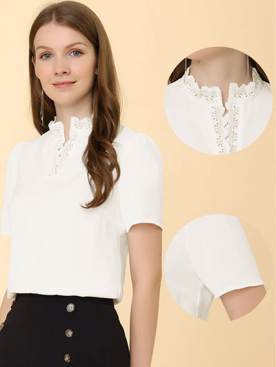 Casual Top V Neck Lace Eyelet Puff Short Sleeve Work Blouse