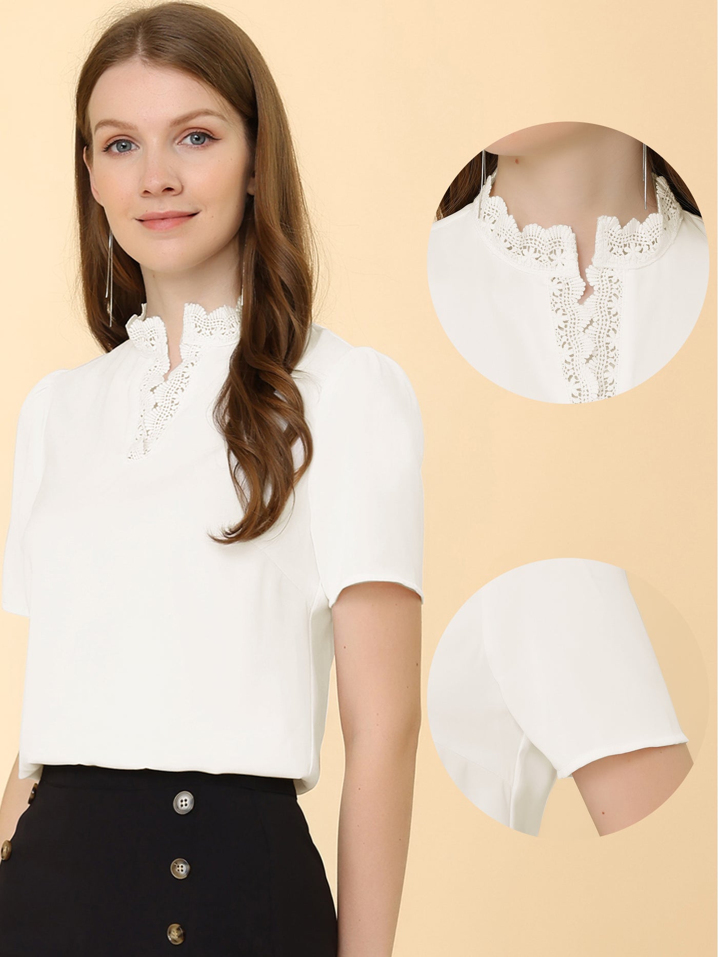 Allegra K Casual Top V Neck Lace Eyelet Puff Short Sleeve Work Blouse