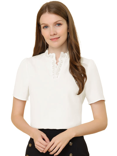 Casual Top V Neck Lace Eyelet Puff Short Sleeve Work Blouse