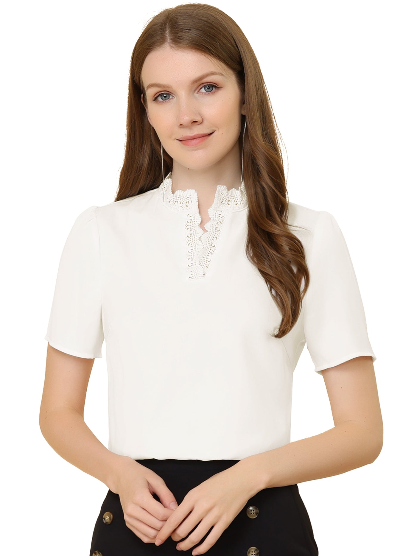 Allegra K Casual Top V Neck Lace Eyelet Puff Short Sleeve Work Blouse