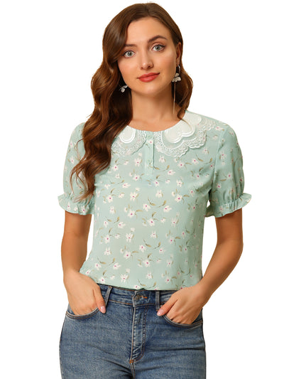 Floral Vintage Ruffled Short Sleeve Peter Pan Blouse