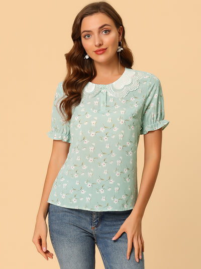 Floral Vintage Ruffled Short Sleeve Peter Pan Blouse