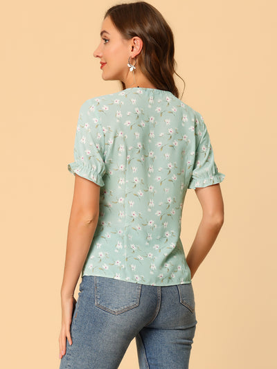 Floral Vintage Ruffled Short Sleeve Peter Pan Blouse