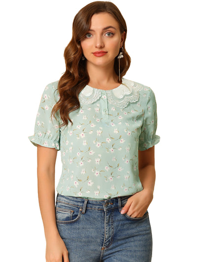 Floral Vintage Ruffled Short Sleeve Peter Pan Blouse