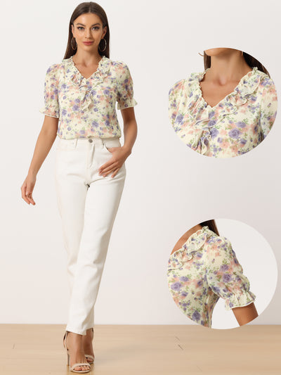 Floral Blouse Ruffle V Neck Puff Short Sleeve Top