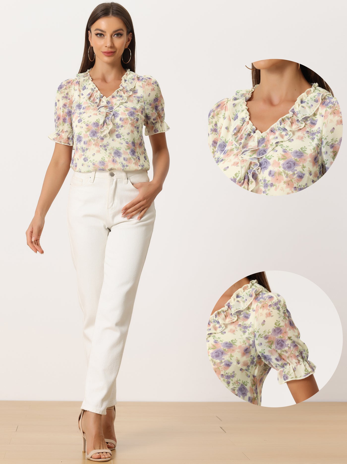 Allegra K Floral Blouse Ruffle V Neck Puff Short Sleeve Top