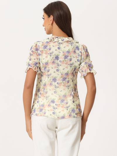 Floral Blouse Ruffle V Neck Puff Short Sleeve Top