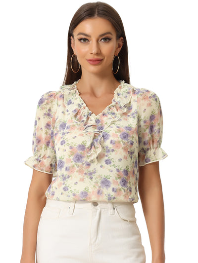 Floral Blouse Ruffle V Neck Puff Short Sleeve Top