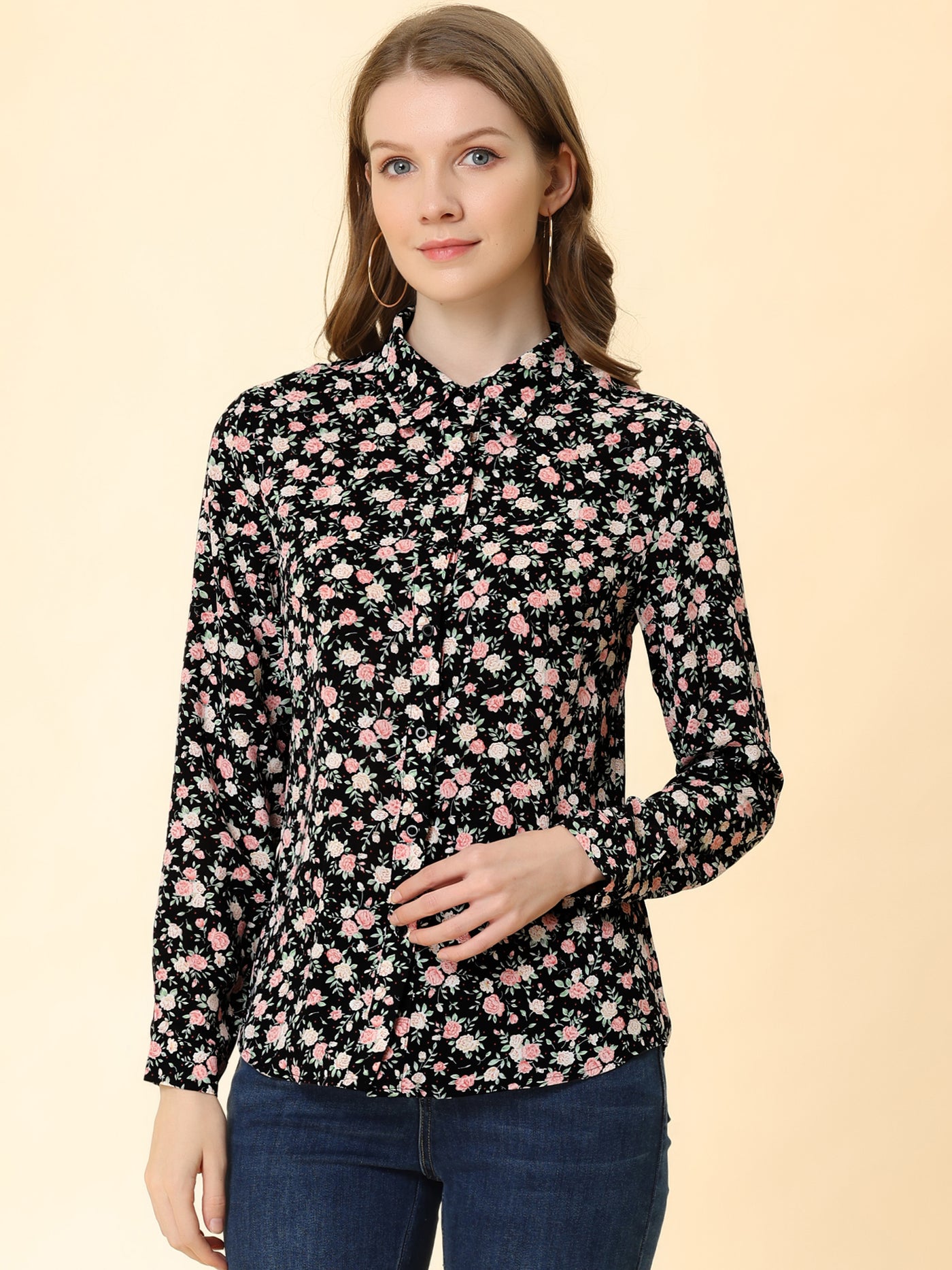 Allegra K Button Down Floral Long Sleeve Point Collar Blouse