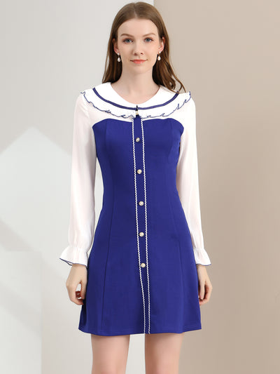 Long Sleeve Doll Collar Chiffon Panel Stretch A-line Dress