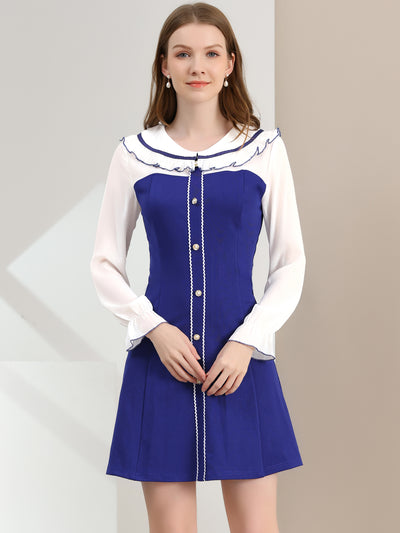 Long Sleeve Doll Collar Chiffon Panel Stretch A-line Dress