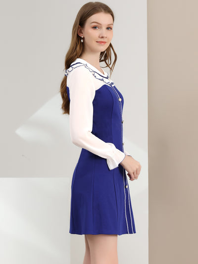 Long Sleeve Doll Collar Chiffon Panel Stretch A-line Dress