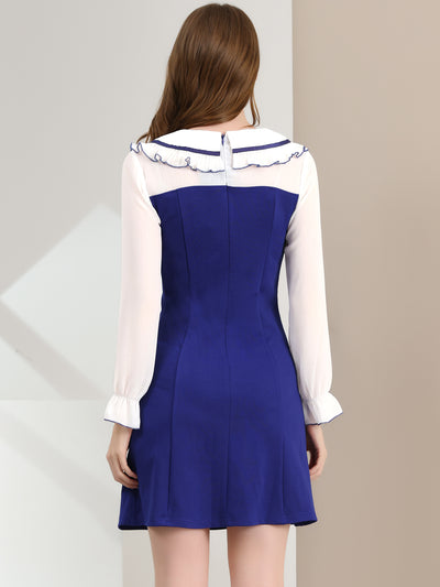 Long Sleeve Doll Collar Chiffon Panel Stretch A-line Dress