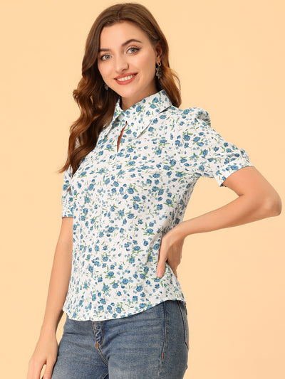 Elegant Turndown Collar Summer Puff Sleeve Vintage Floral Blouse