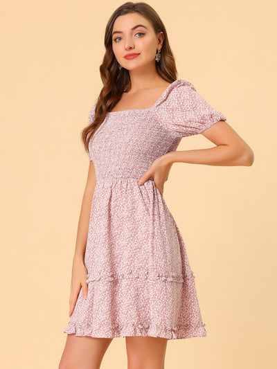 Puff Sleeve Ruffle Hem Square Neck Floral Smocked Dress