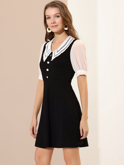 Vintage Short Sleeve Button Decor Halloween Contrast Collar Dress