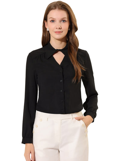 Choker Neck Blouse Turn Down Collar Long Sleeve Work Shirt