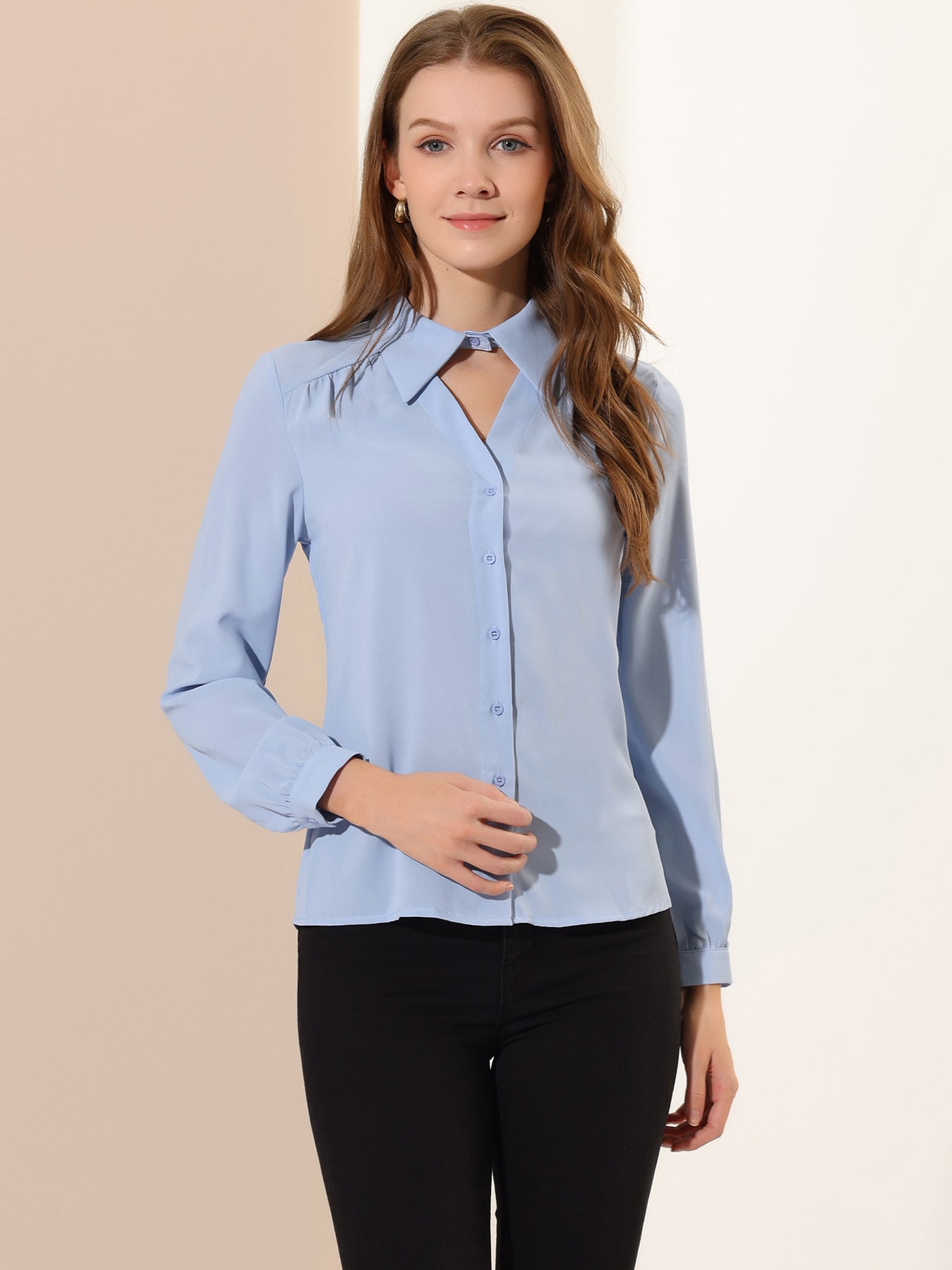 Allegra K Choker Neck Blouse Turn Down Collar Long Sleeve Work Shirt