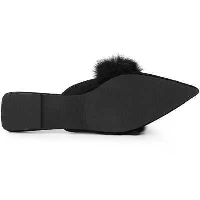 Women's Pointed Toe Faux Fur Slip on Flat Slide Mules