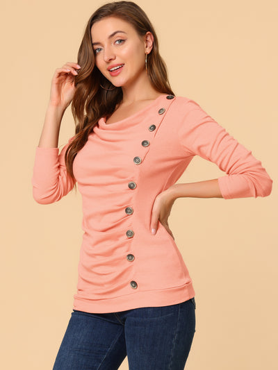Cowl Neck Long Sleeve Button Decor Ruched Tunic