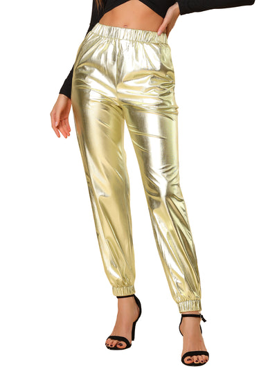 Metallic Trousers Shiny Sparkle Elastic Waist Holographic Pants