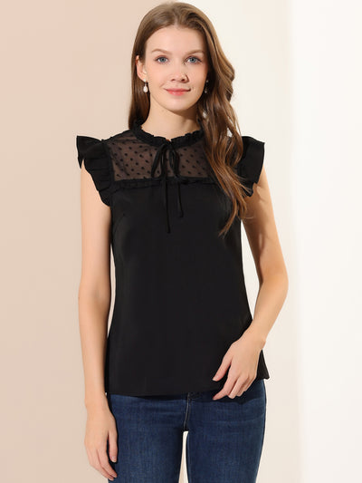 Chiffon Tops Ruffle Stand Collar Tie Front Cap Sleeve Summer Blouse