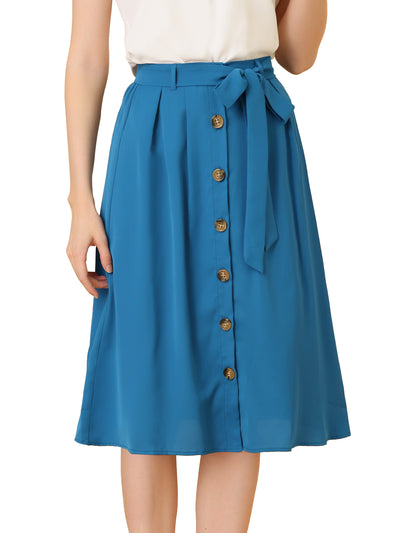 Button Front Casual High Waist Belted Midi Flare Skirt