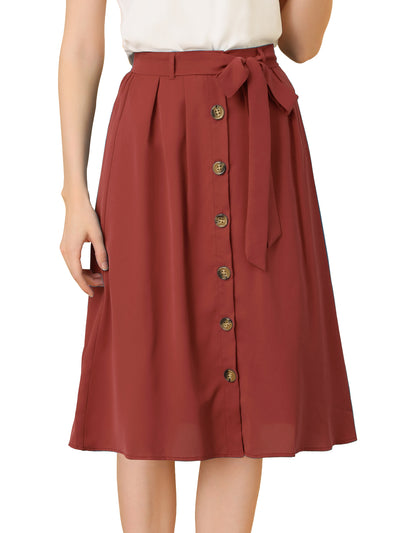 Button Front Casual High Waist Belted Midi Flare Skirt