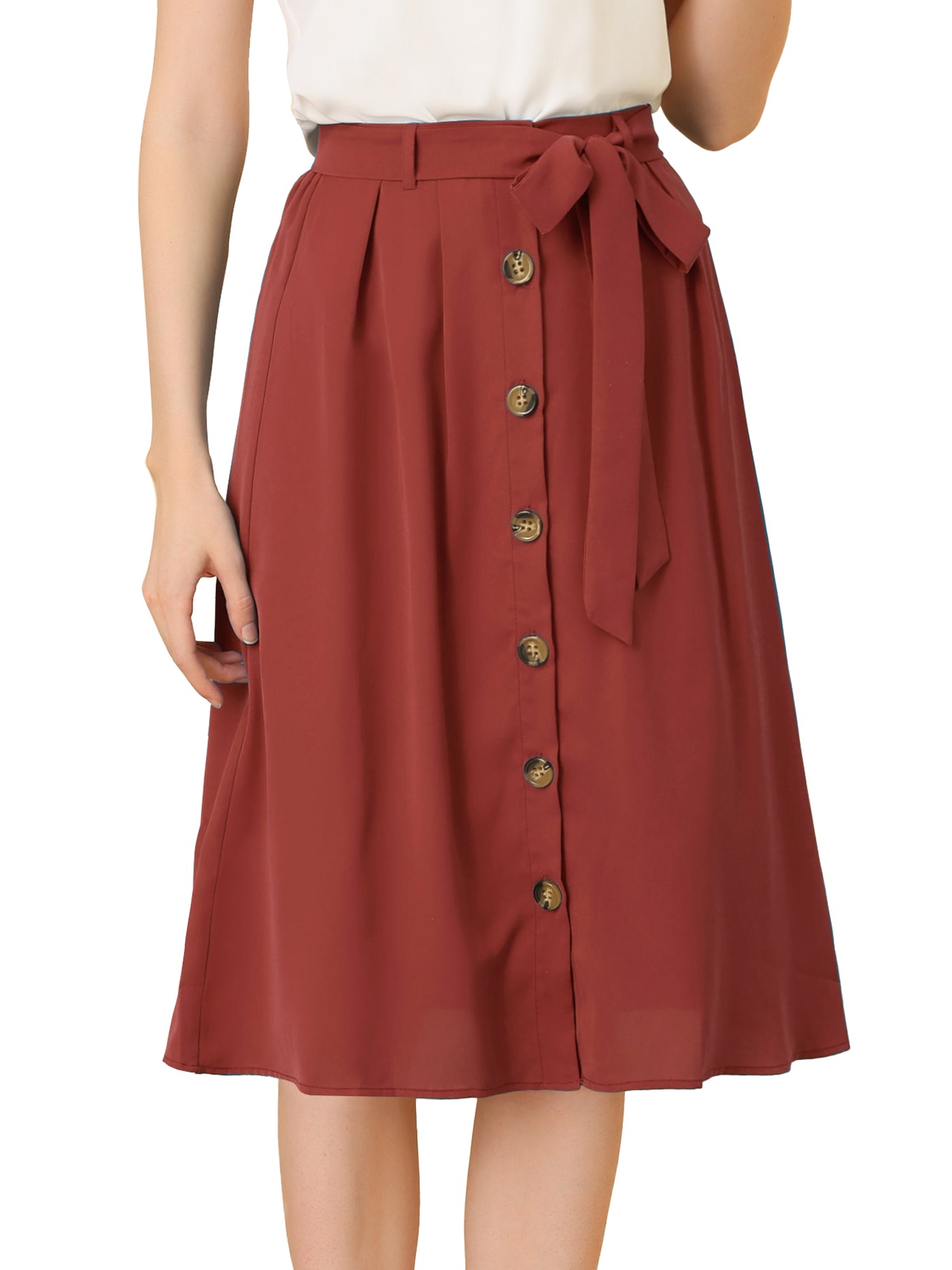 Allegra K Button Front Casual High Waist Belted Midi Flare Skirt