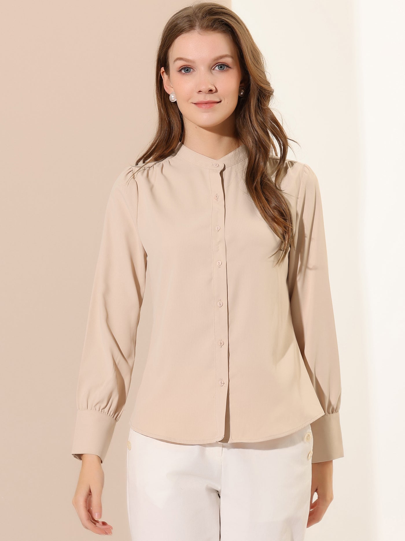 Allegra K Mandarin Collar Long Sleeve Button Down Office Shirt