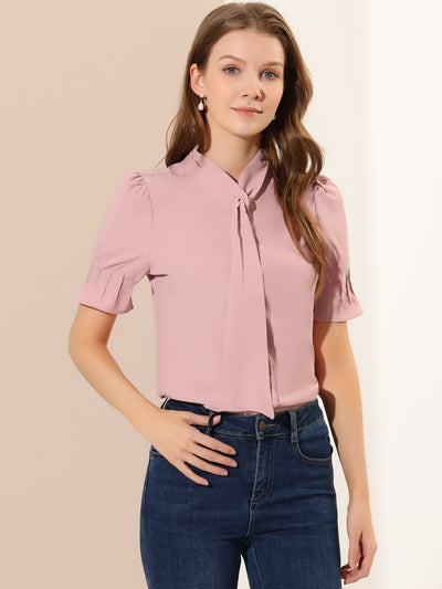 Tie Neck Work Top Puff Sleeve Blouse Eleagnt Button Down Shirt