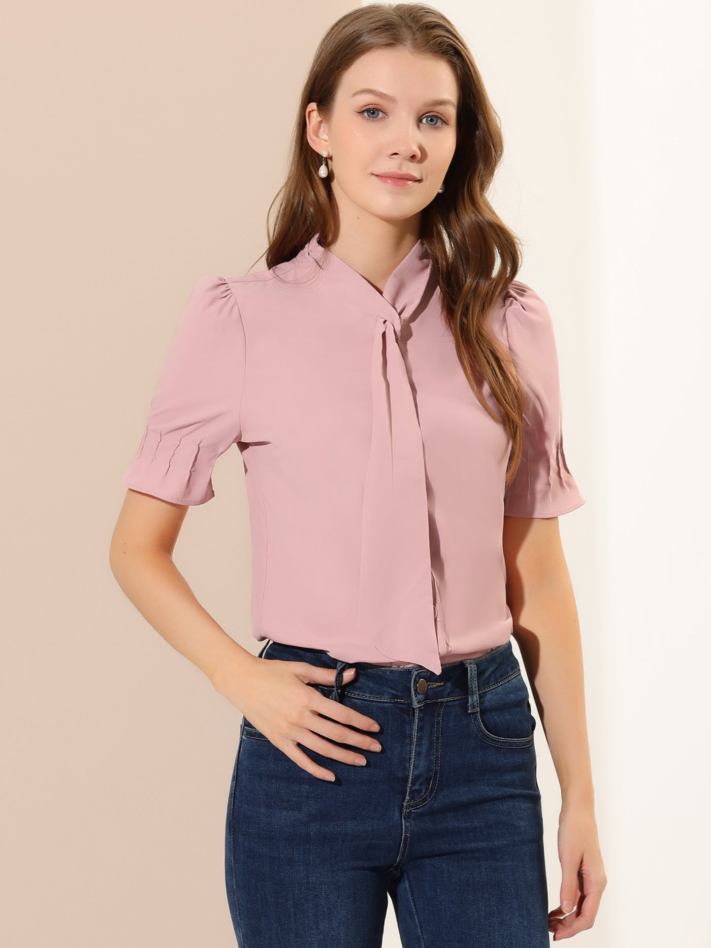 Allegra K Tie Neck Work Top Puff Sleeve Blouse Eleagnt Button Down Shirt