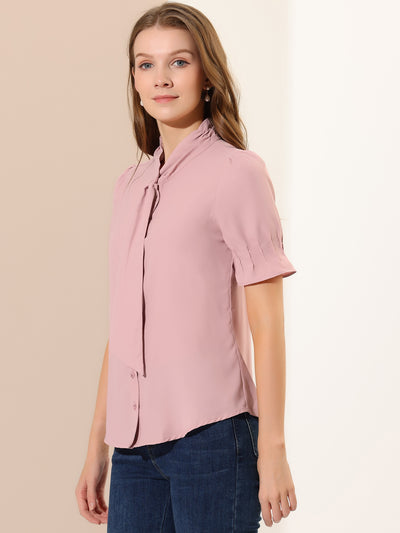 Tie Neck Work Top Puff Sleeve Blouse Eleagnt Button Down Shirt