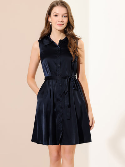 Satin Point Collar Belted Button Down Sleeveless Shirt Dress