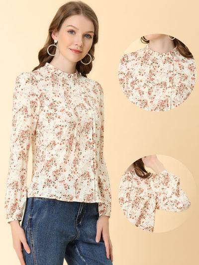 Floral Print Flounce Mock Neck Long Sleeve Work Blouse