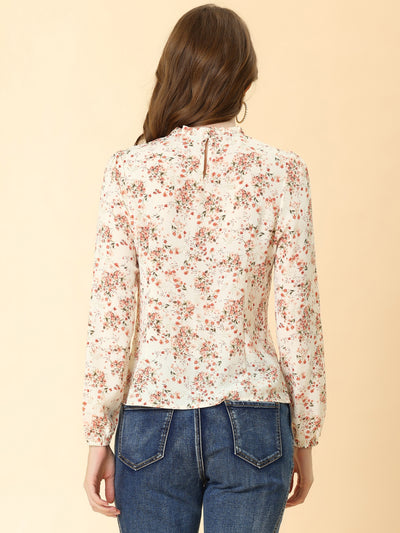 Floral Print Flounce Mock Neck Long Sleeve Work Blouse