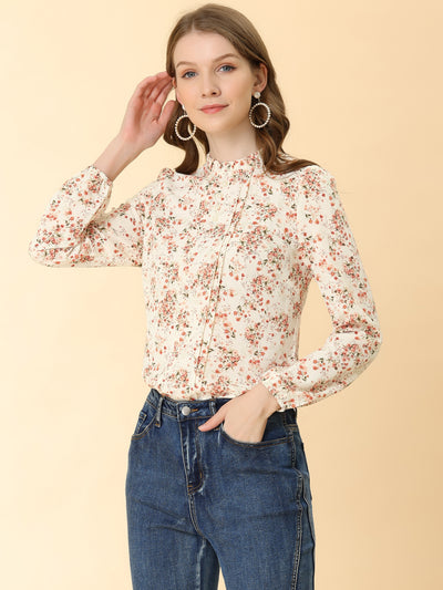 Floral Print Flounce Mock Neck Long Sleeve Work Blouse