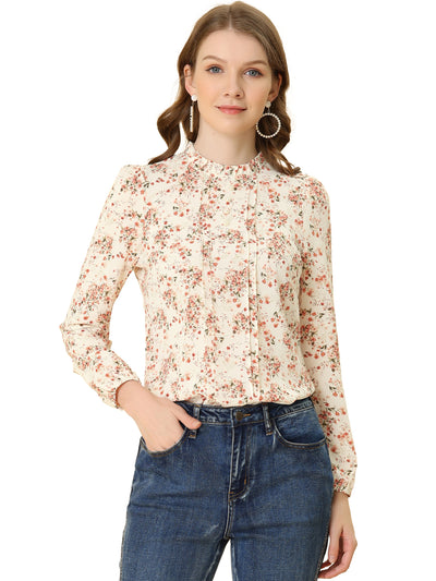 Floral Print Flounce Mock Neck Long Sleeve Work Blouse