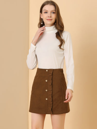 Corduroy Vintage Button Decor Ruffled Trim High Waist Short Skirt