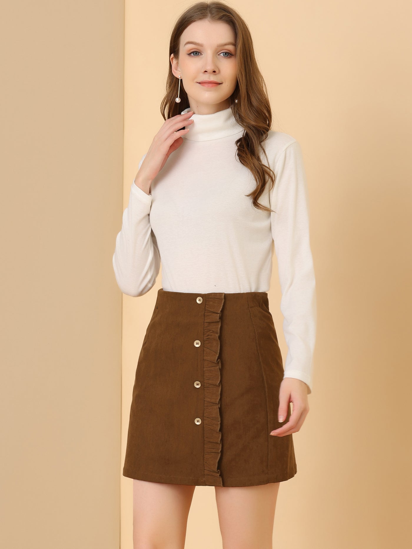 Allegra K Corduroy Vintage Button Decor Ruffled Trim High Waist Short Skirt
