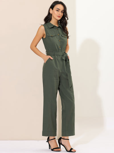 Button Down Collared Wide Leg Tie Jumpsuit Sleeveless Jumpsuits