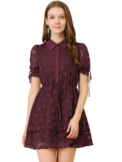 Peter Pan Collar Floral Drawstring Chiffon Layered Dress