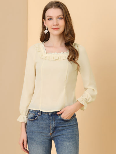 Elegant Square Neck Ruffled Puff Long Sleeve Blouse Top