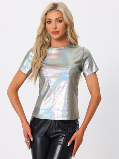 Allegra K Glitter Metallic Short Sleeve Shiny Multicolor Blouse