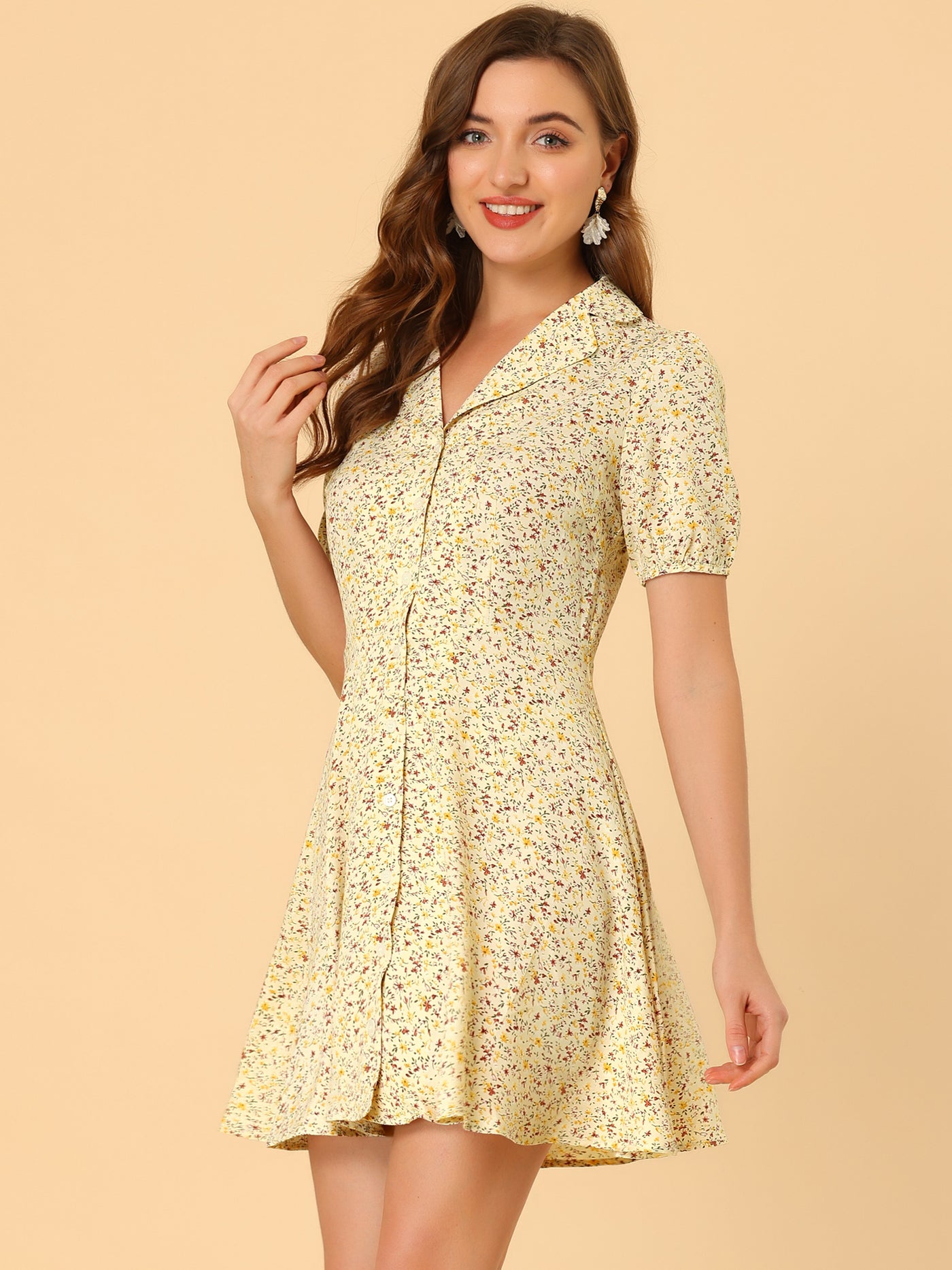 Allegra K Button Up Short Sleeve A-Line Chiffon Vintage Floral Shirt Dress