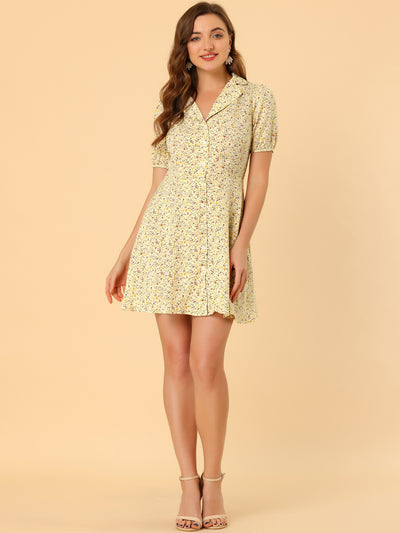 Button Up Short Sleeve A-Line Chiffon Vintage Floral Shirt Dress