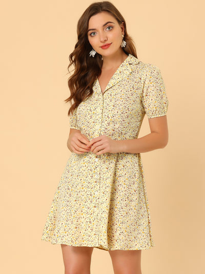 Button Up Short Sleeve A-Line Chiffon Vintage Floral Shirt Dress