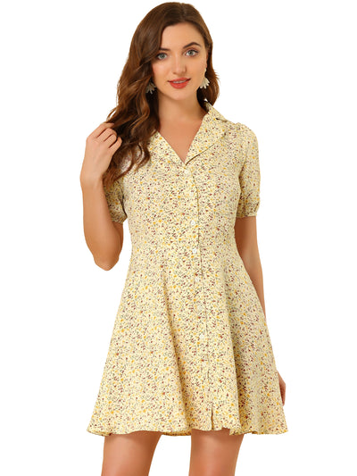 Button Up Short Sleeve A-Line Chiffon Vintage Floral Shirt Dress