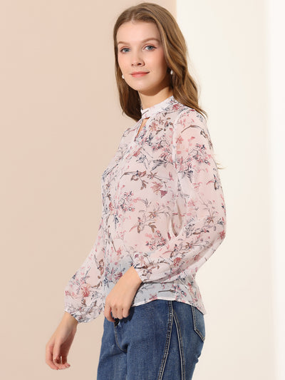 Floral Keyhole Blouse Stand Collar Semi-Sheer Chiffon Work Tops