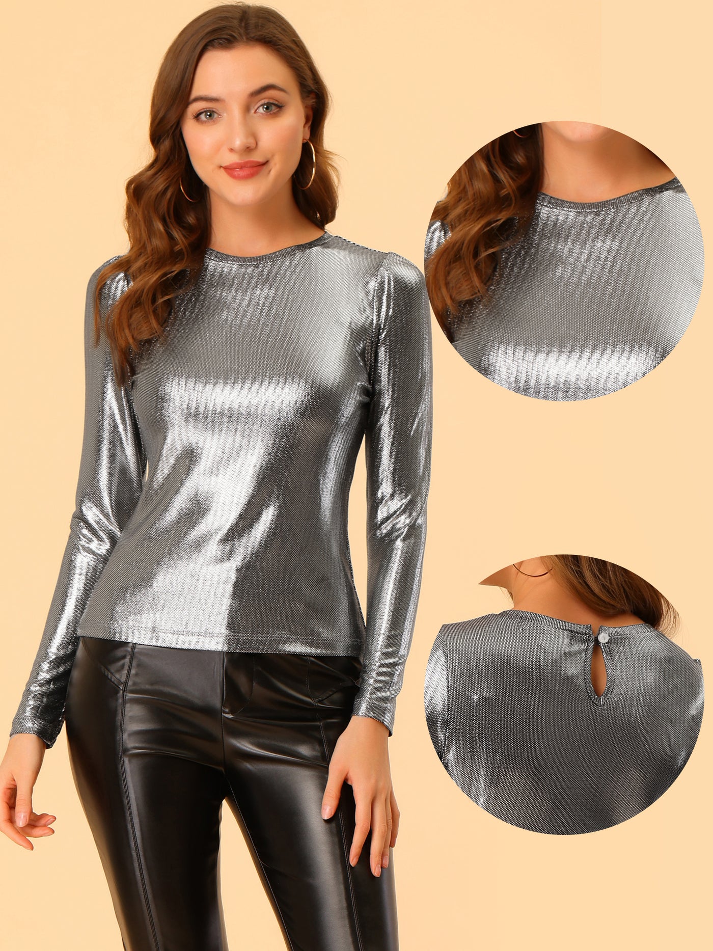 Long Sleeve Sparkly Party Glitter Shiny Metallic Shirt | Allegra K